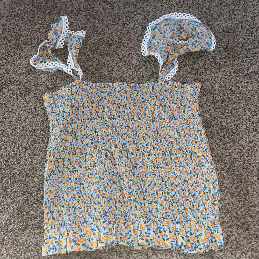 Blue floral smocked tank top